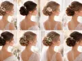 Huit modèles présentent différents chignons ornés de fleurs et de bijoux, parfaits pour une mariée.