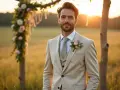 Un homme souriant porte une élégante tenue champêtre homme, un costume beige avec gilet et une boutonnière florale, sous un soleil couchant.