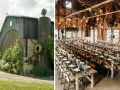 Un mariage insolite dans une grange aménagée, avec des tables dressées et décorées de fleurs, sous des guirlandes lumineuses.