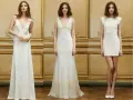 Trois robes de mariée Delphine Manivet : une longue et fluide, une longue en dentelle, et une courte moderne.