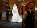 La robe mariée Meghan Markle, d'une élégance intemporelle, est exposée aux côtés de l'uniforme du Prince Harry.