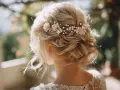 Coiffure mariage cheveux mi long, un chignon flou orné de perles et de petites fleurs, parfait pour un jour J romantique.