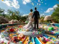 Figurines de mariés sur une roulette de casino colorée, parfaits pour organiser une tombola originale. Confettis et bonbons volent dans l'air.
