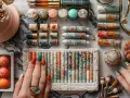 Manucure inspirée d'un mariage bohème : des ongles aux motifs floraux et colorés, assortis à des tubes de maquillage et des boules décoratives.