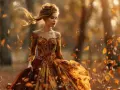 Une jeune femme dans une robe de mariage automne, ses cheveux flottant au vent, entourée de feuilles tombées dans une forêt dorée.
