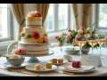 Un magnifique gâteau à trois étages orné de fleurs et de dorures, prêt pour un repas mariage. Des macarons et des coupes de champagne complètent la scène.