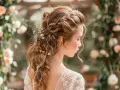 Une mariée avec une demi queue tressée ornée de petites fleurs, parfaite pour un mariage champêtre.