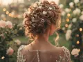Magnifique coiffure cheveux bouclés mariage, ornée de perles et de petites fleurs blanches, dans un décor champêtre illuminé.