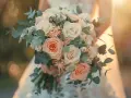 Un joli petit bouquet mariage civil, composé de roses pêche et crème, d'eucalyptus et de petites fleurs blanches, tenu par une mariée.