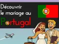 Un couple joyeux s'envole pour son mariage Portugal. L'avion décolle, le drapeau portugais flotte.