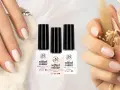 Mains délicates aux ongles parfaits, prêts pour le grand jour. Trois flacons de vernis "selfgel colour" aux teintes douces, idéales pour un ongle mariée élégant.