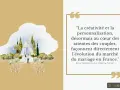 Illustration d'une cérémonie de mariage en plein air, avec un couple sous un kiosque, des chaises disposées. Citation sur la personnalisation de l'animation mariage.