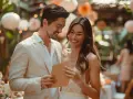 Un couple souriant lit une carte lors d'un mariage en plein air. Ils semblent discuter de combien donner pour un apéro de mariage.