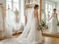 Une mariée avec des cheveux lâchés sous un voile, tenant un bouquet, admire sa robe dans un miroir.