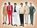 Six hommes présentent des tenues variées, dont une tenue invitée mariage bohème chic homme avec un costume beige décontracté.