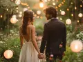 Un couple se tient la main dans un jardin illuminé de lanternes, un moment de tendresse qui révèle les plus belles surprises de mariage.
