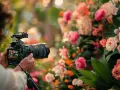 Un témoin filme un mariage avec un appareil photo professionnel, capturant la beauté des fleurs. Une idée vidéo mariage témoin parfaite.