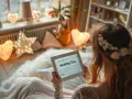 Une mariée consulte un guide sur sa tablette, le "Wedding Day", entourée de lumières en forme de cœur et d'étoiles. Le planning mariage jour j est en cours de préparation.