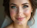 Un maquillage mariage sublime des yeux bleus perçants, rehaussés de cils longs et d'un blush délicat.