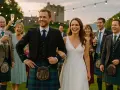 Un couple rayonnant célèbre son mariage en Écosse, entouré de leurs proches. Les kilts traditionnels ajoutent une touche d'authenticité à cette journée mémorable.