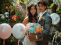 Un jeune couple, elle couronnée de fleurs, lui en costume, tient un bouquet de ballons colorés. Une belle idée surprise mariage.