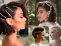 Coiffure mariage cheveux court et fin : épingles scintillantes, diadème fleuri, bijou végétal, feuilles d'or.