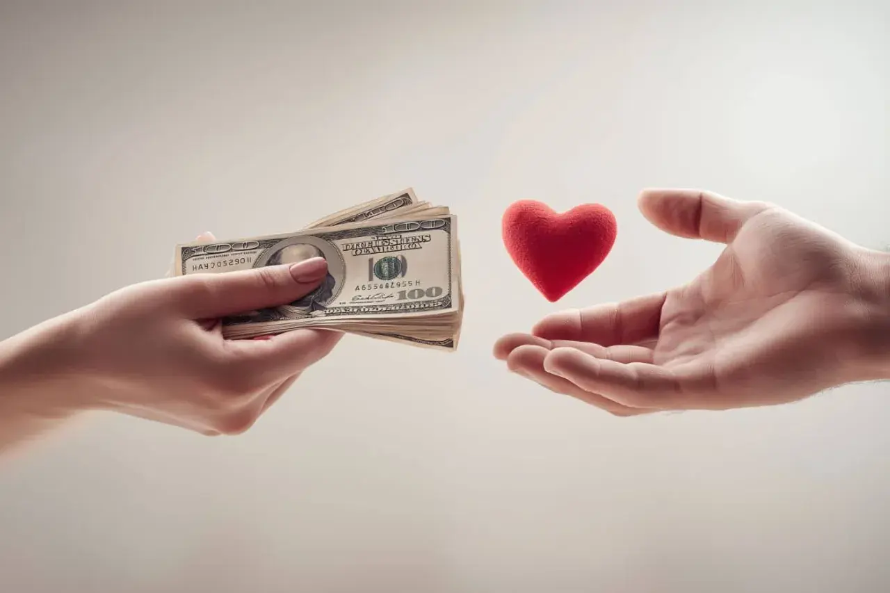 Une main tend des billets de banque, tandis qu'une autre tend un cœur rouge. Une métaphore pour savoir combien donner à un mariage.