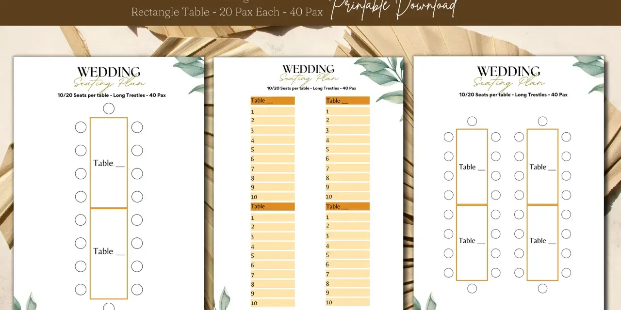 Plan de table pour 40 personnes, avec des tables rectangulaires et des indications pour 10 à 20 invités par table.