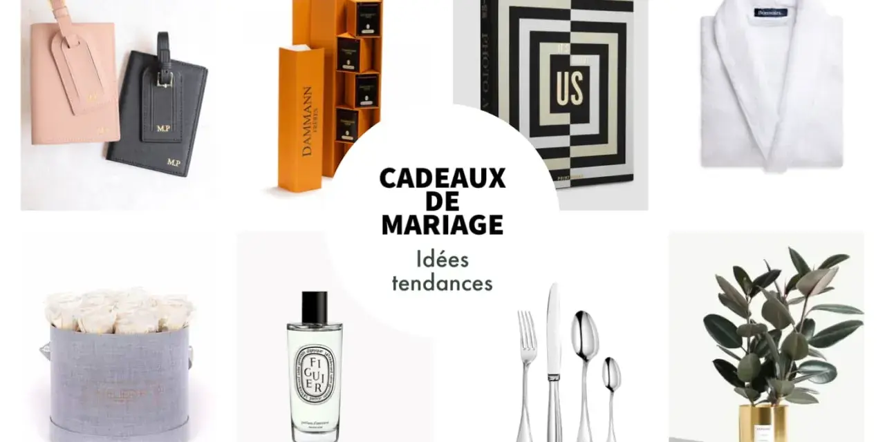 Une sélection d'idées cadeaux pour une liste de mariage traditionnelle : trousse de voyage, thé, album photo, peignoir, roses, parfum, couverts et plante.