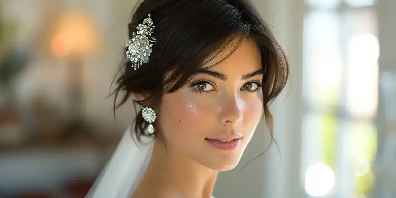 Une mariée aux cheveux courts, ornée d'une épingle scintillante et de boucles d'oreilles élégantes, rayonne de bonheur.