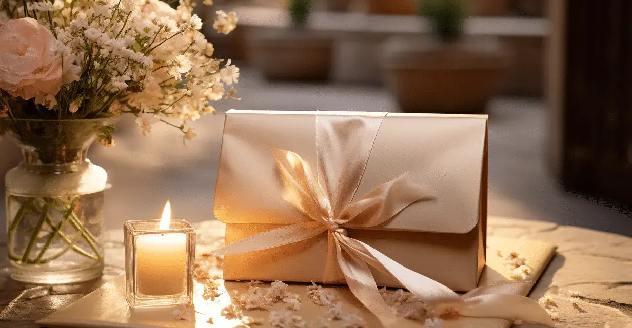 Un cadeau élégant, une bougie allumée et des fleurs pour un mariage. Combien donner pour un mariage d'un filleul ? Une question qui se pose devant cette scène.