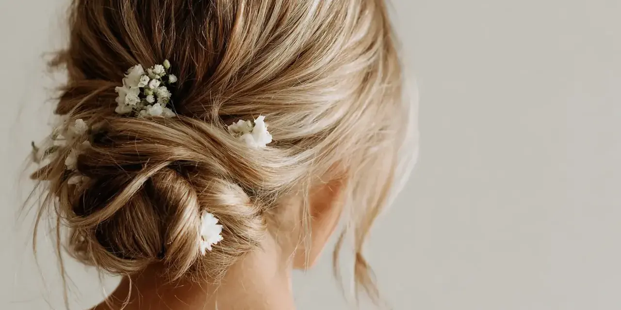 Coiffure invitée mariage boheme : un chignon flou orné de petites fleurs blanches, parfait pour une allure romantique et décontractée.