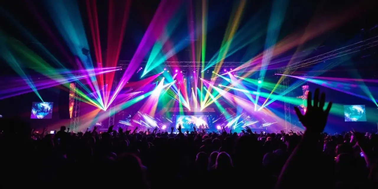 Une foule en délire sous un **totem jeux de lumière** spectaculaire, des faisceaux multicolores illuminent la scène et le public.