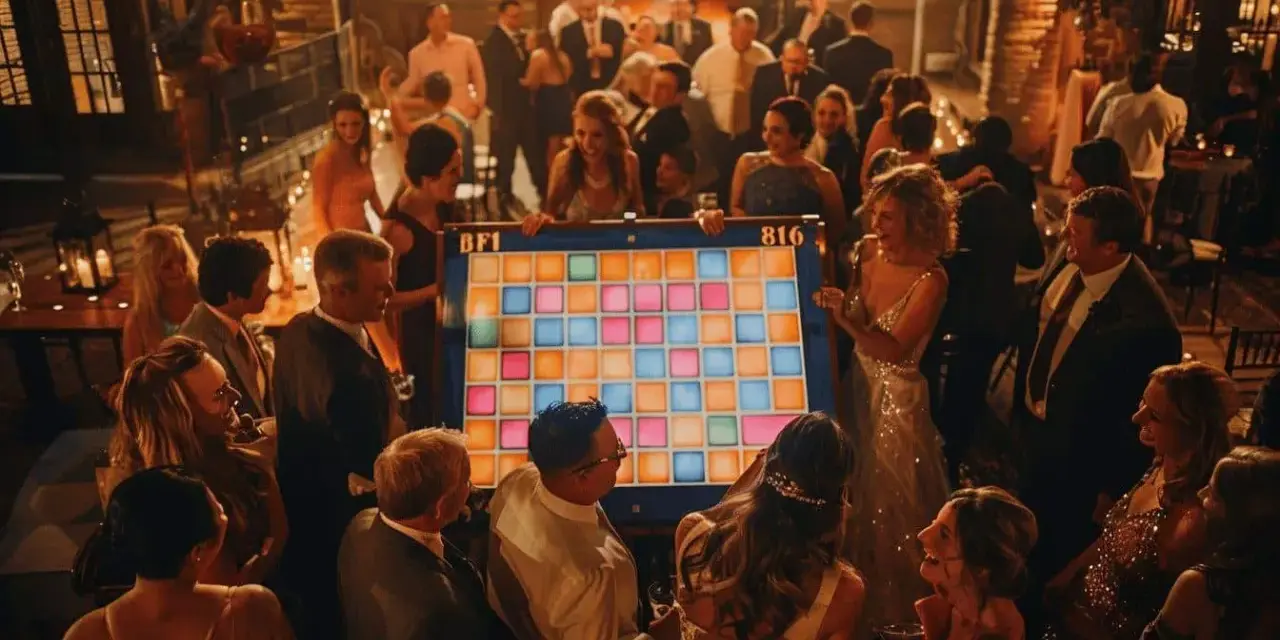 Des invités s'amusent autour d'un jeu coloré, un quizz mariage marrant, lors d'une fête animée.