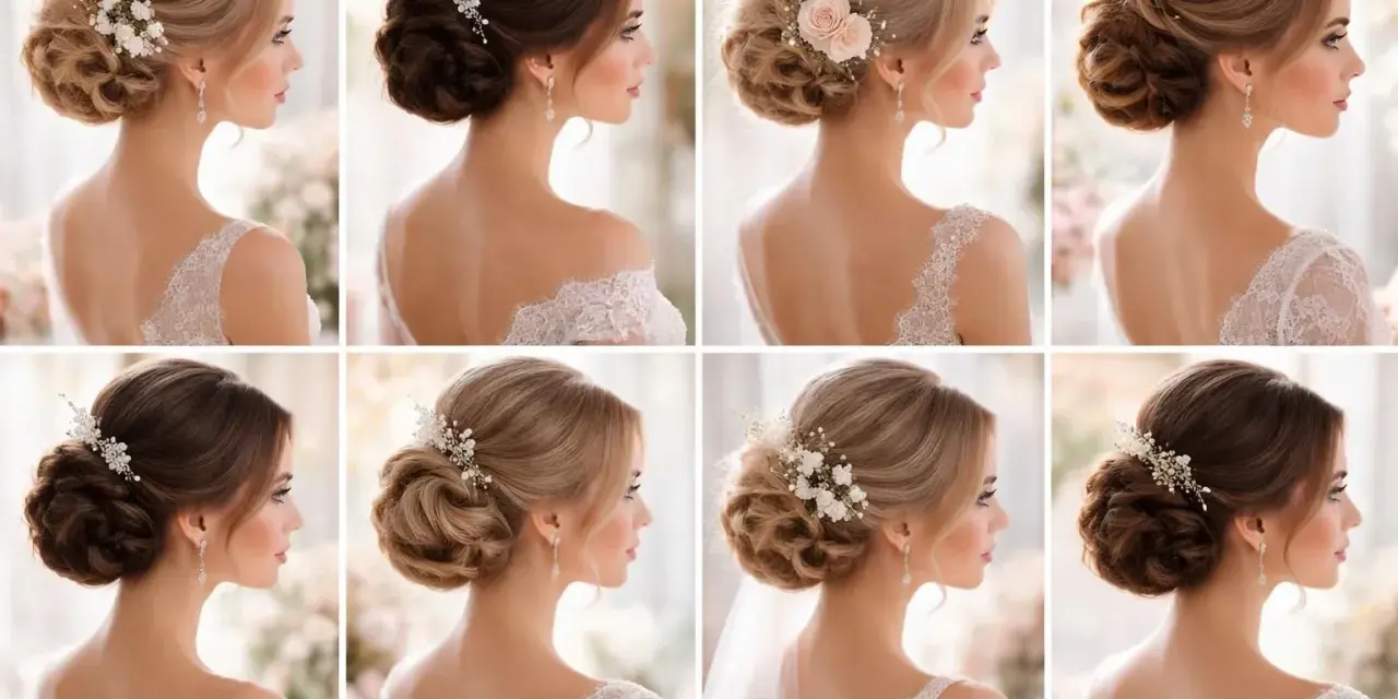 Huit modèles présentent différents chignons ornés de fleurs et de bijoux, parfaits pour une mariée.