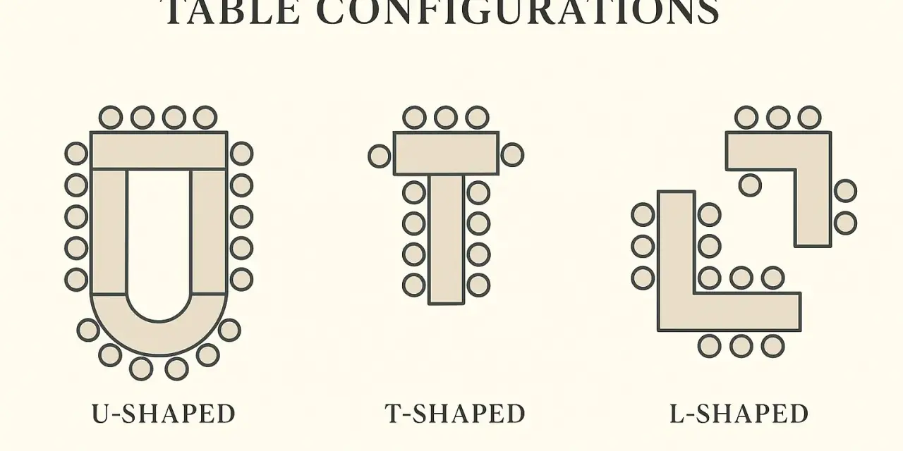Schémas de disposition de tables pour un mariage : en U, en T, en L.