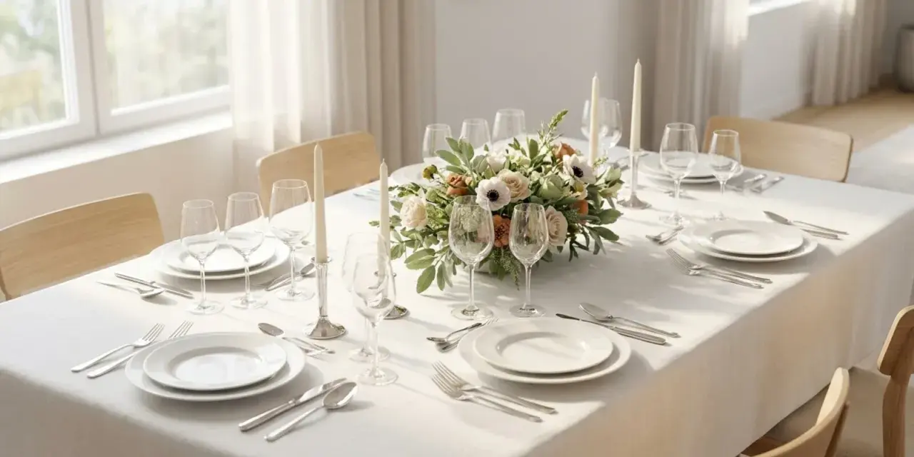 Disposition table couvert élégante avec un centre de table floral, des bougies et des verres à vin.