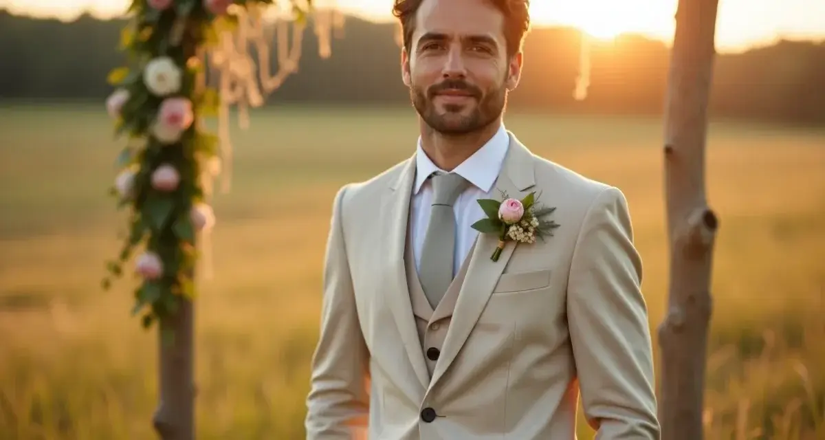 Un homme souriant porte une élégante tenue champêtre homme, un costume beige avec gilet et une boutonnière florale, sous un soleil couchant.