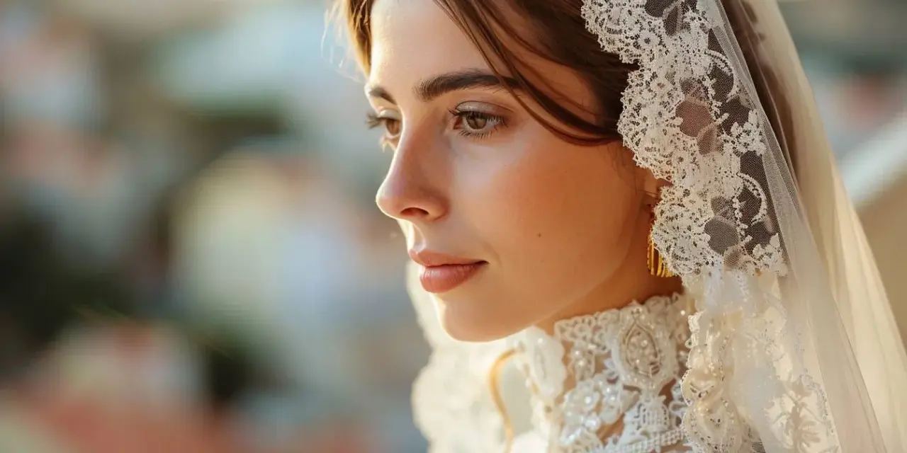 Profil d'une mariée portant une robe traditionnelle portugaise, voile en dentelle fine et col orné de perles.