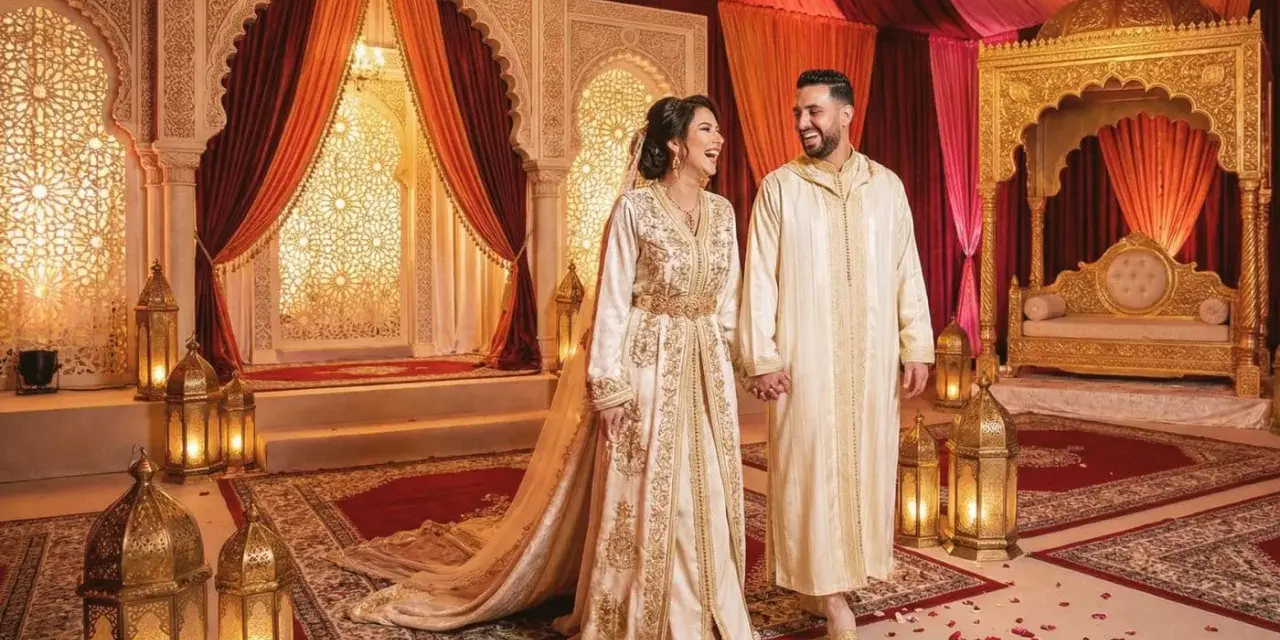 Un couple rayonnant lors d'un mariage arabe, entouré de décorations somptueuses et de lanternes dorées.
