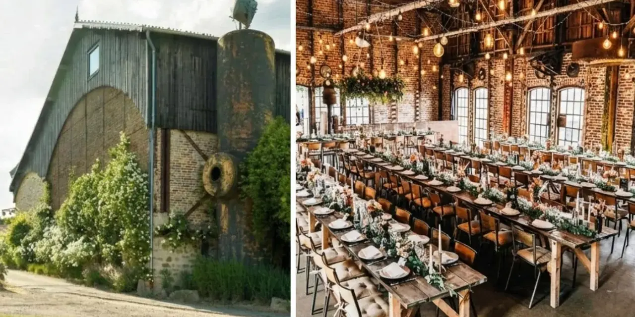 Un mariage insolite dans une grange aménagée, avec des tables dressées et décorées de fleurs, sous des guirlandes lumineuses.