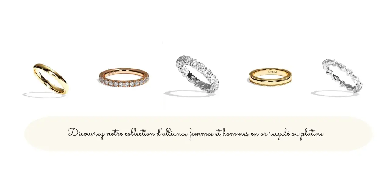 Cinq alliances, dont une alliance or jaune simple, une alliance or rose pavée de diamants, une alliance diamants tour complet, une alliance or jaune texturée et une alliance diamants ajourée.