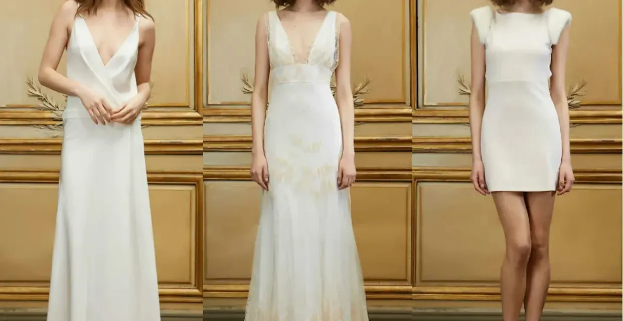 Trois robes de mariée Delphine Manivet : une longue et fluide, une longue en dentelle, et une courte moderne.