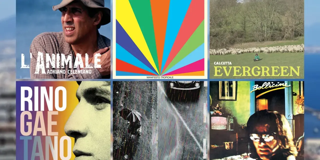 Collage d'albums de musique italienne, dont Adriano Celentano et Vasco Rossi, évoquant une ambiance de chanson d'amour italienne.