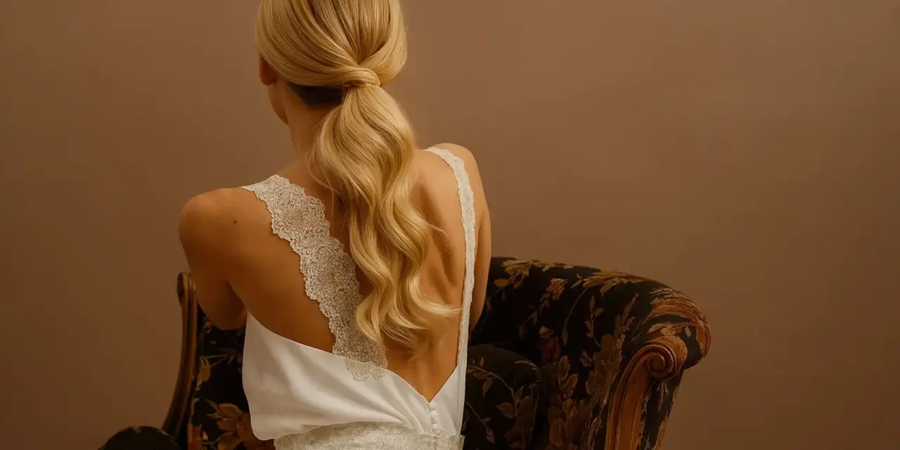 Une mariée aux cheveux blonds, assise sur un fauteuil, arbore une élégante queue de cheval basse mariage, ornée de dentelle sur sa robe.