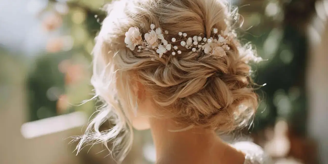 Coiffure mariage cheveux mi long, un chignon flou orné de perles et de petites fleurs, parfait pour un jour J romantique.