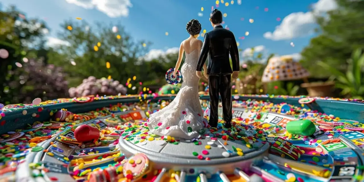 Figurines de mariés sur une roulette de casino colorée, parfaits pour organiser une tombola originale. Confettis et bonbons volent dans l'air.