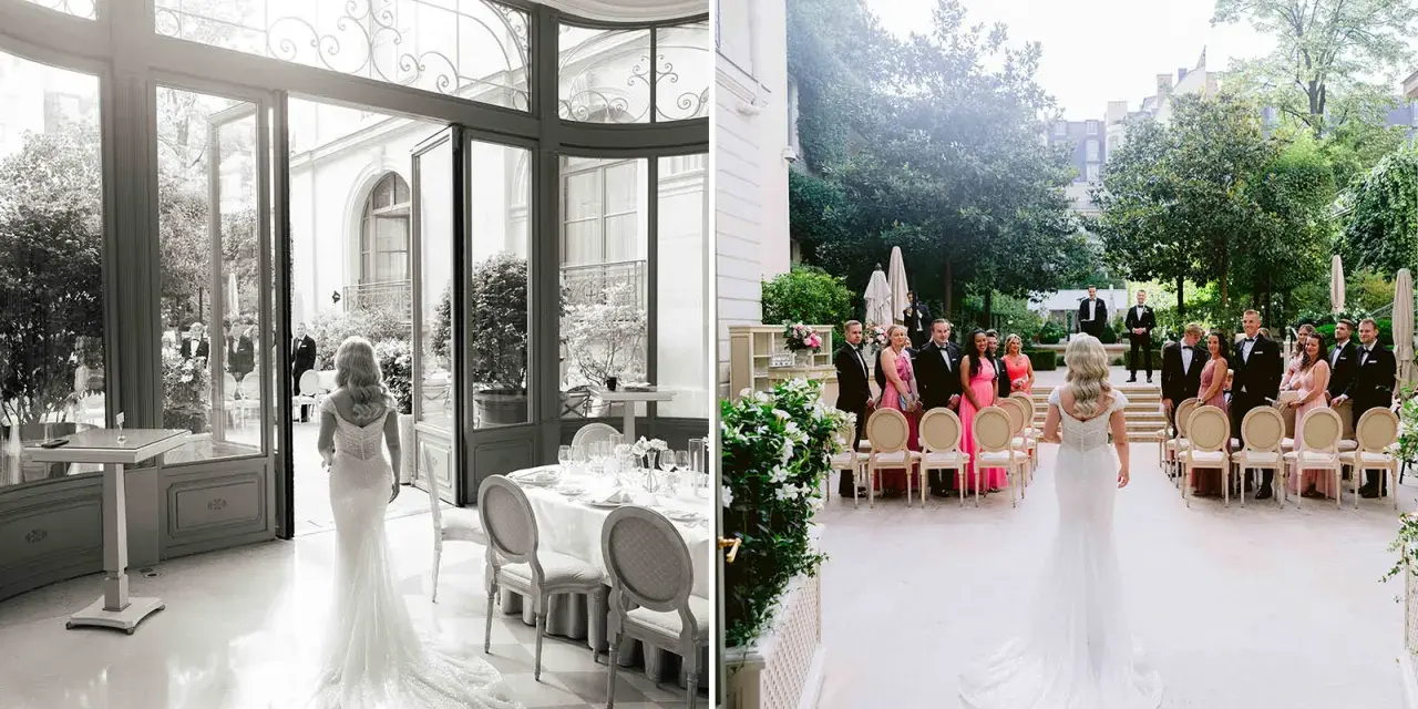 La mariée, en robe scintillante, marche vers l'autel extérieur où l'attendent ses invités. La fête de mariage commence.