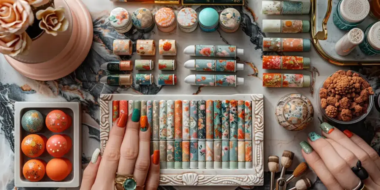 Manucure inspirée d'un mariage bohème : des ongles aux motifs floraux et colorés, assortis à des tubes de maquillage et des boules décoratives.