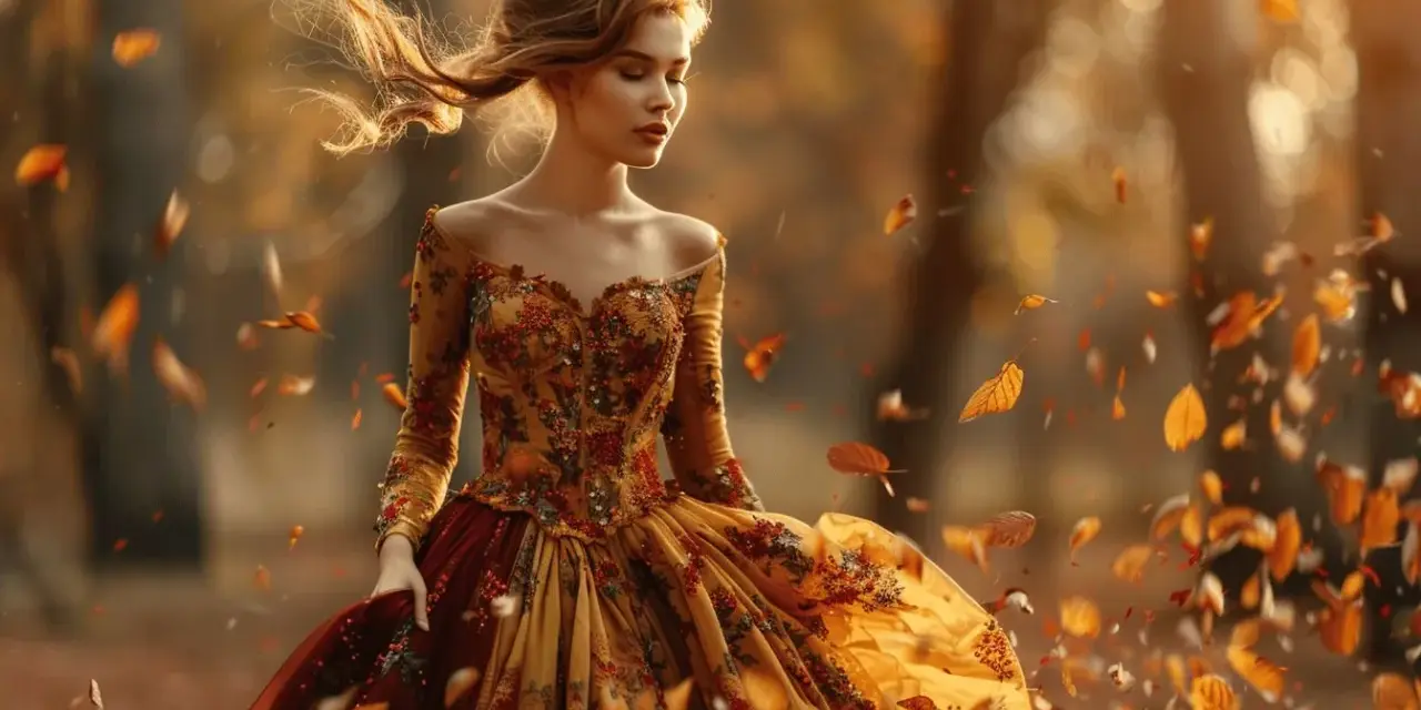 Une jeune femme dans une robe de mariage automne, ses cheveux flottant au vent, entourée de feuilles tombées dans une forêt dorée.